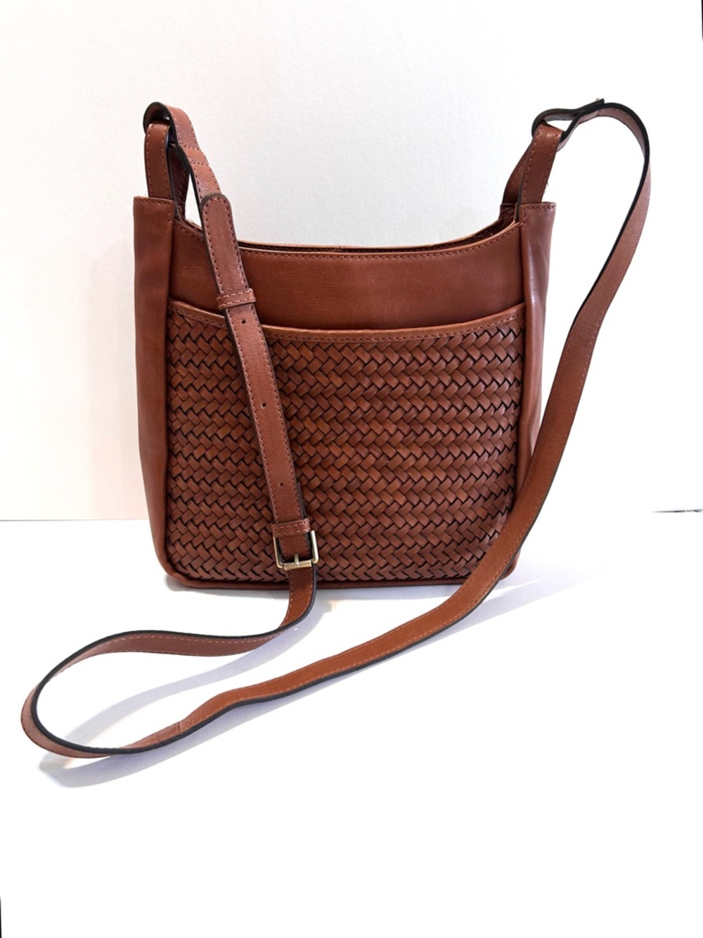 New Super Soft  Woven Leather Crossbody Bag - Tan/Brown